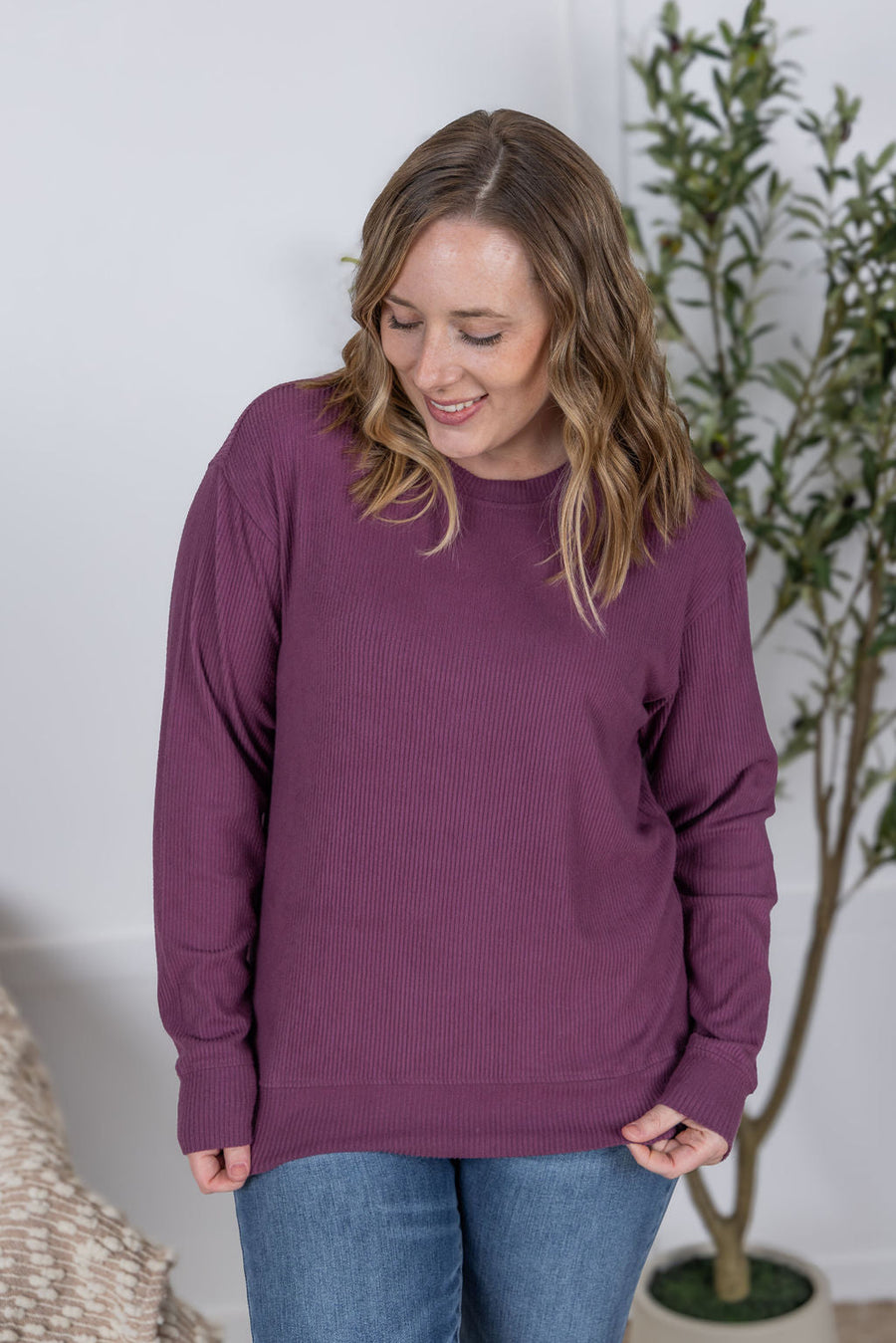 WAREHOUSE Corrine Ribbed Pullover Top - Plum