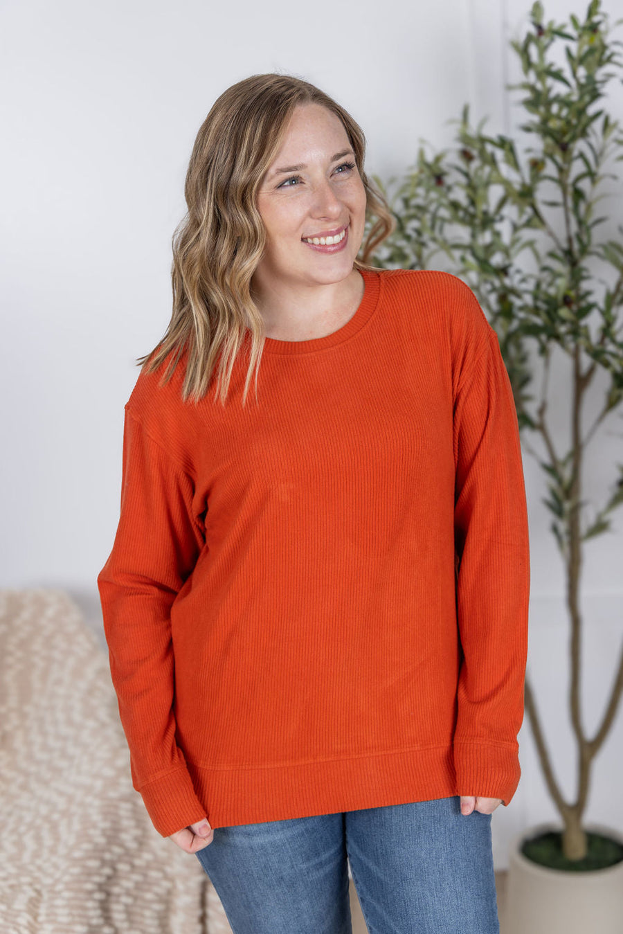 WAREHOUSE Corrine Ribbed Pullover Top - Pumpkin FINAL SALE