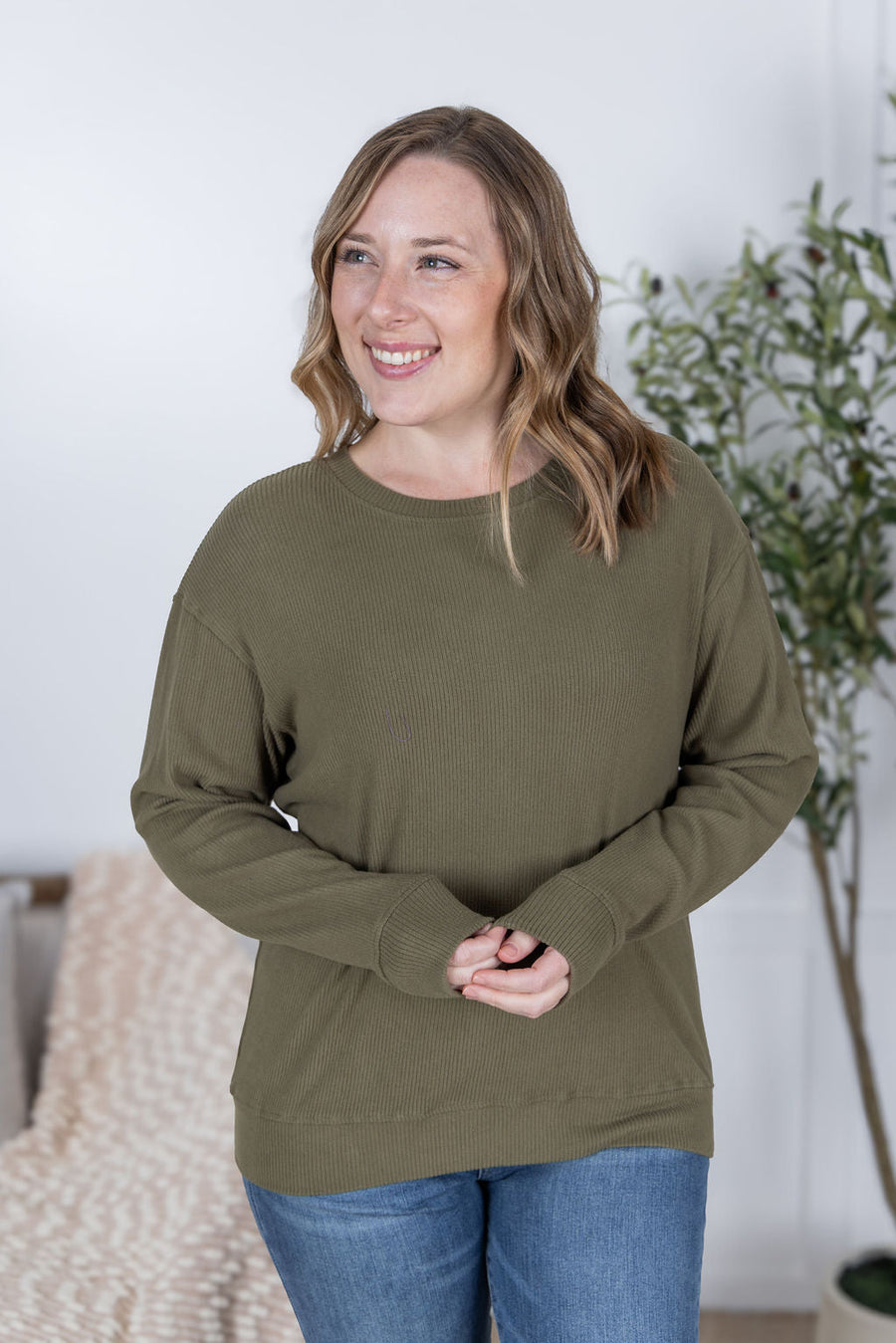 WAREHOUSE Corrine Ribbed Pullover Top - Olive