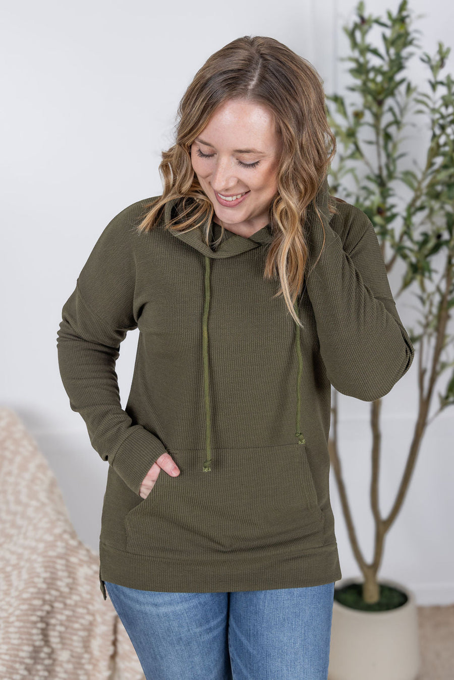 WAREHOUSE Kacey Ribbed Hoodie - Olive