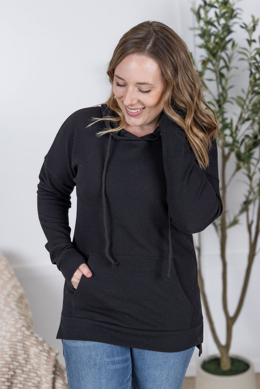 WAREHOUSE Kacey Ribbed Hoodie - Black