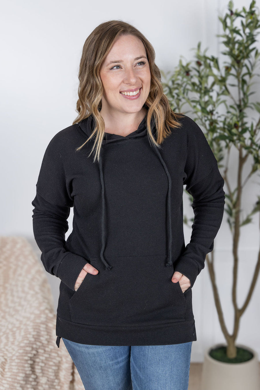WAREHOUSE Kacey Ribbed Hoodie - Black
