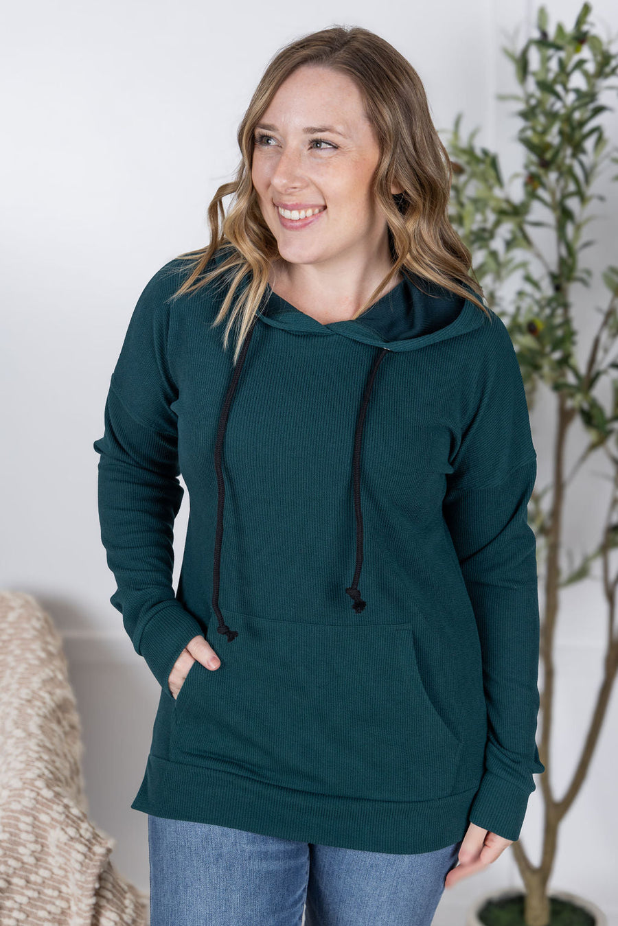 WAREHOUSE Kacey Ribbed Hoodie - Deep Teal