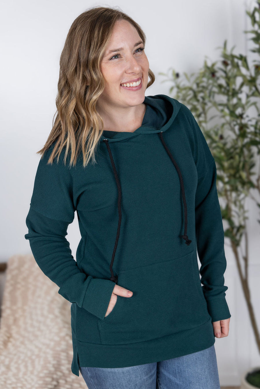 WAREHOUSE Kacey Ribbed Hoodie - Deep Teal