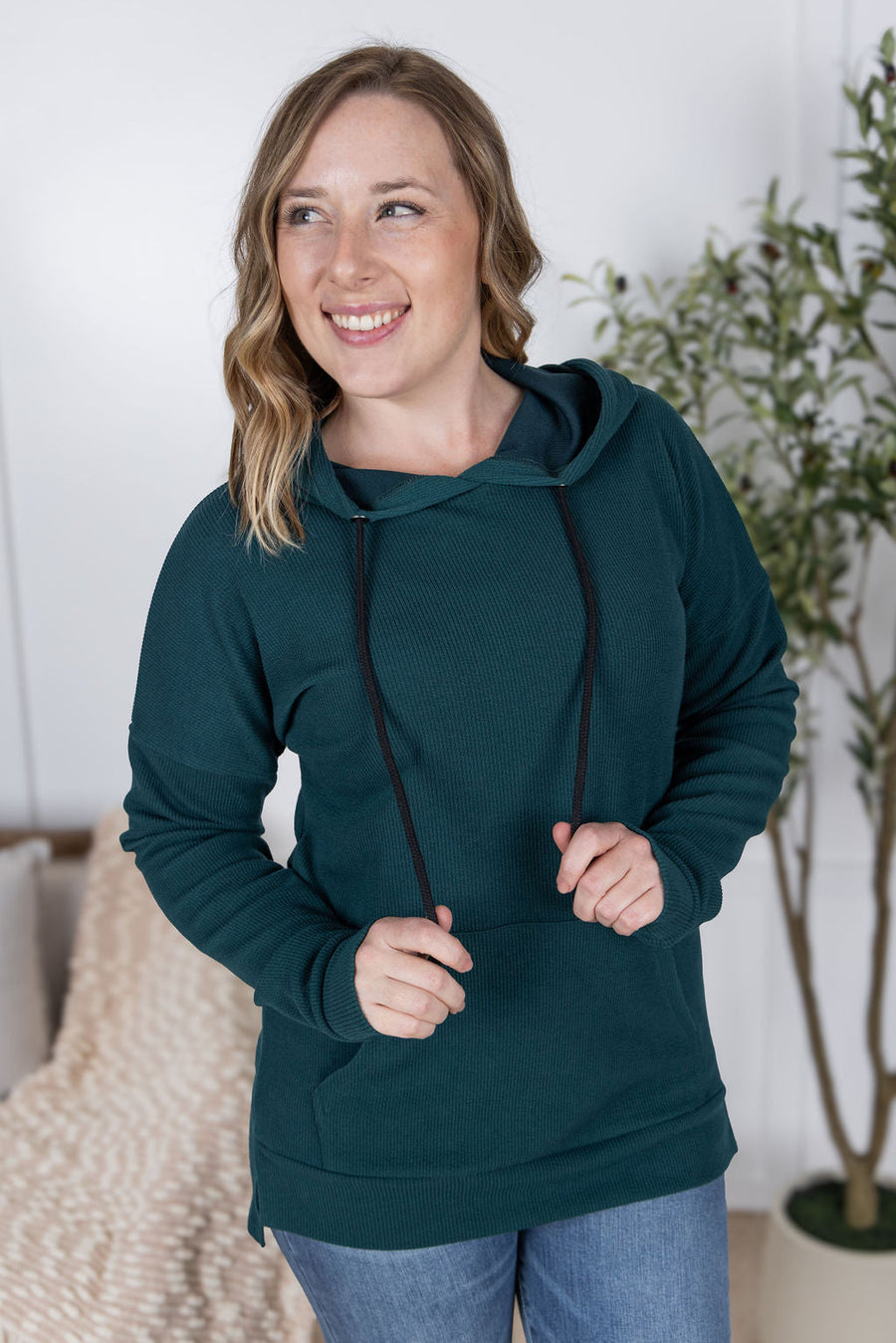 WAREHOUSE Kacey Ribbed Hoodie - Deep Teal