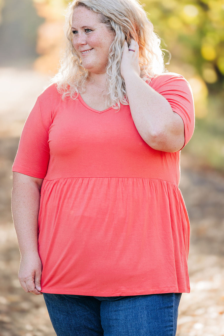 WAREHOUSE Sarah Ruffle Short Sleeve - Deep Coral | Women's Top