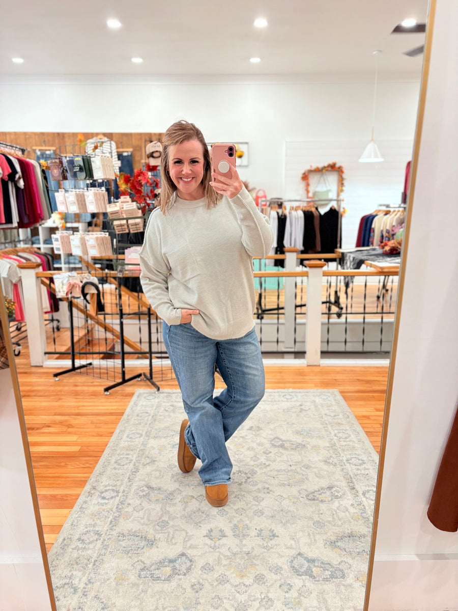 Melange Hi-Low Hem Pocket Sweater- Soft Cream