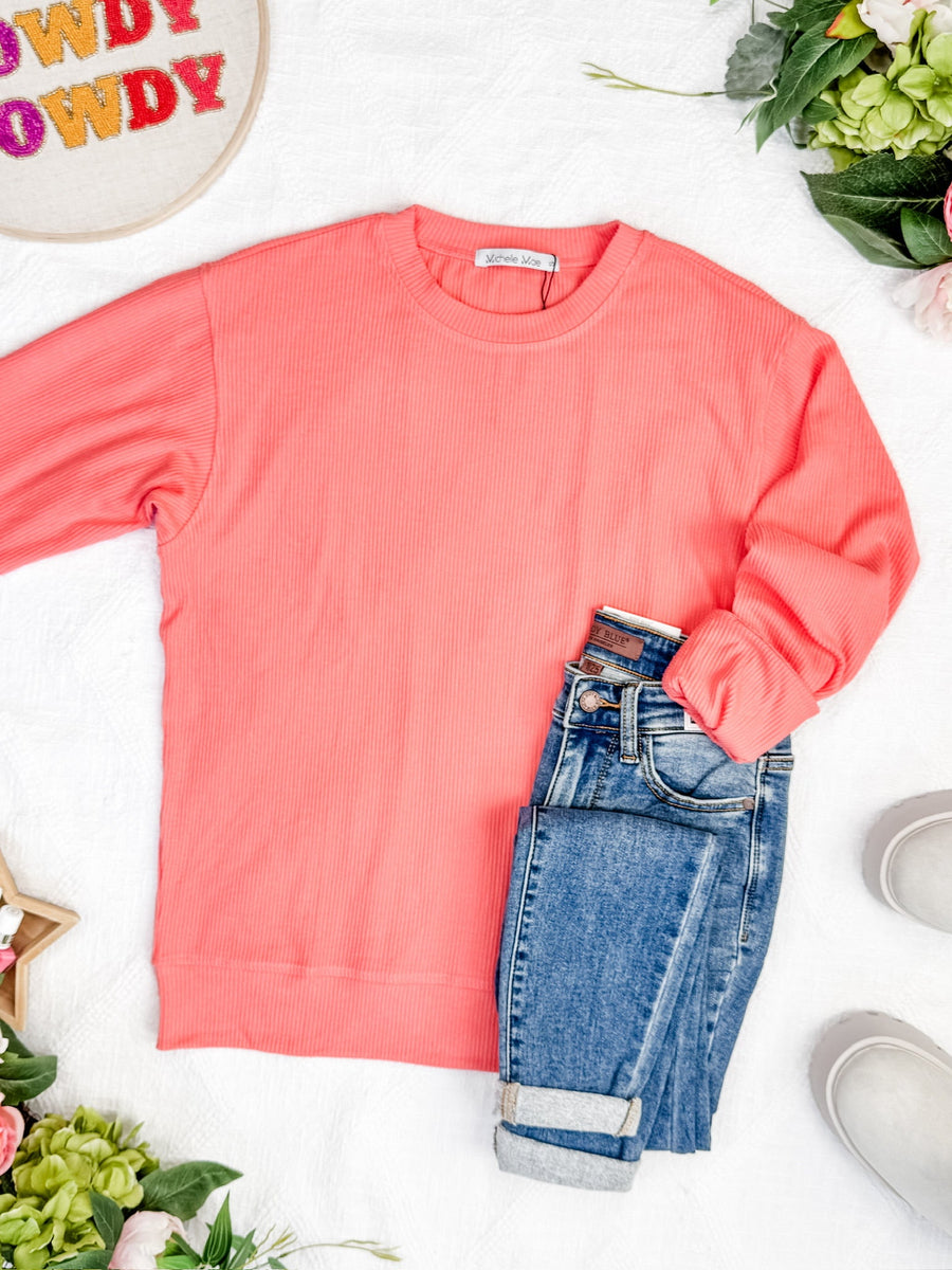 WAREHOUSE Corrine Ribbed Pullover Top - Coral