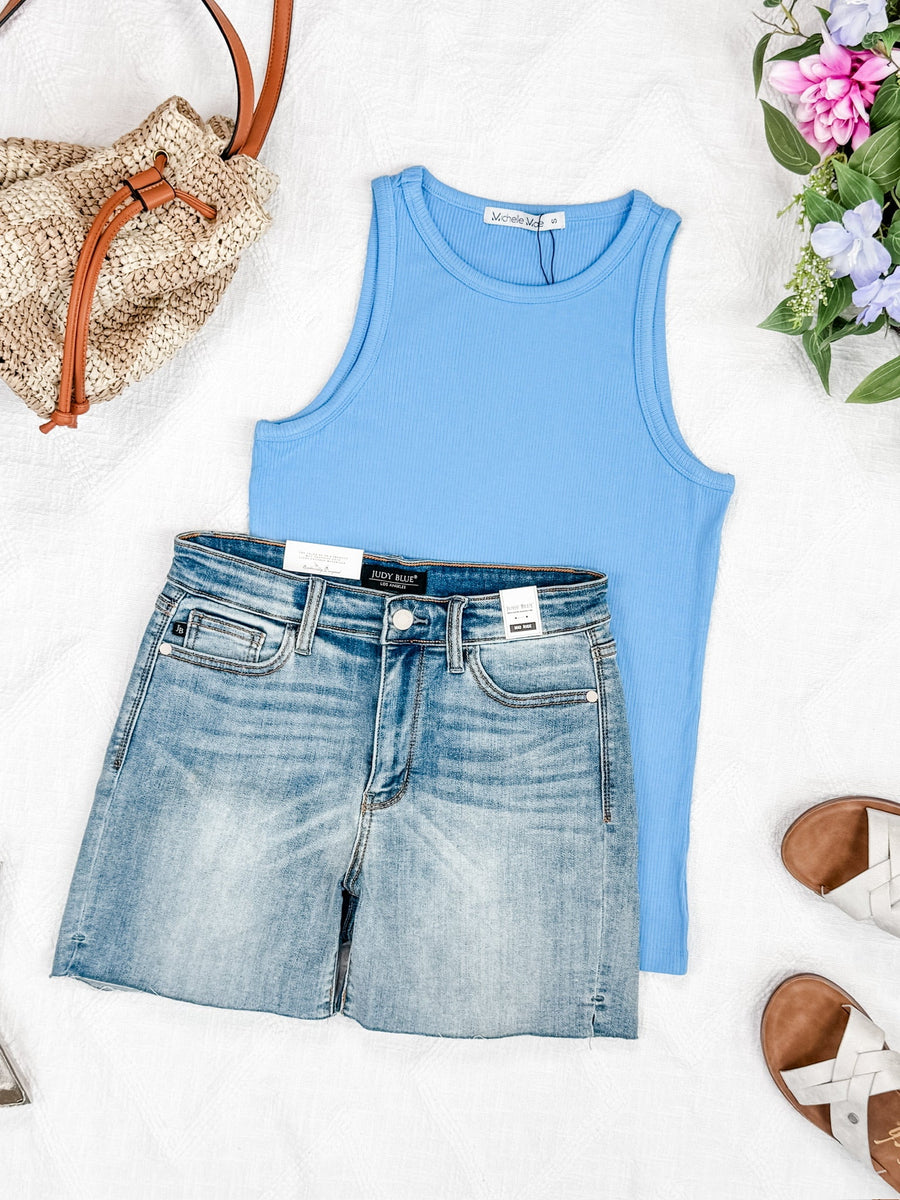 WAREHOUSE Tara Ribbed Tank - Light Blue