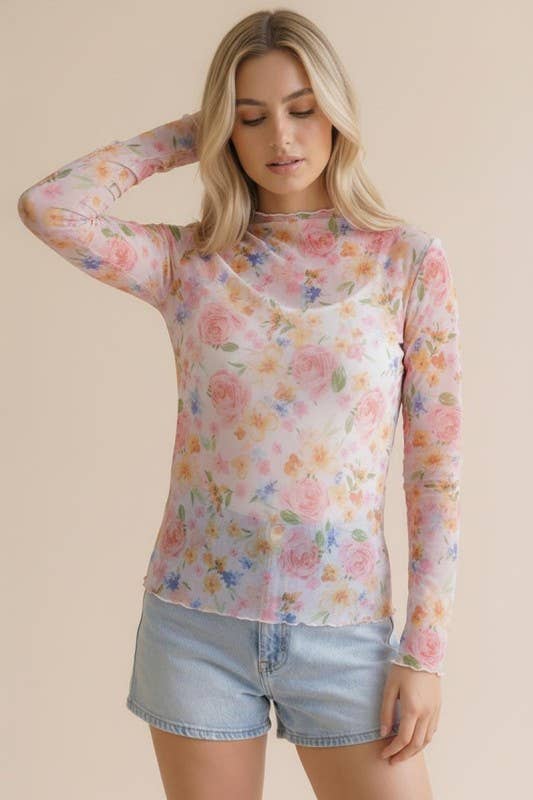 Sheer Mesh Top- Coral & Yellow Floral
