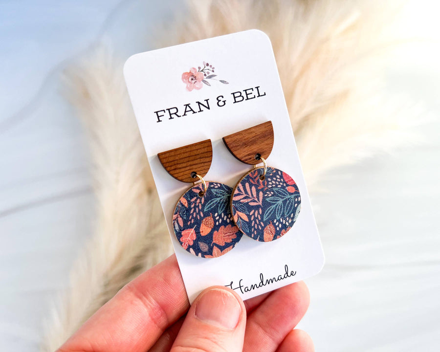 Blue Leaf Patterned Fall Leather Circle  Stud Drop Earrings