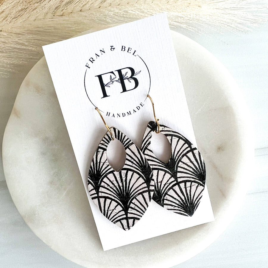 Black and White Boho Arch Leather Teardrop Earrings : Silver Wires