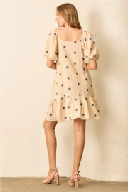 Floral Embroidered Square Neck Bubble Sleeve Mini Dress