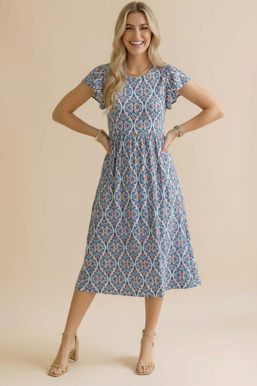 Ruffle Sleeve Babydoll Dress- Ivory & Blue