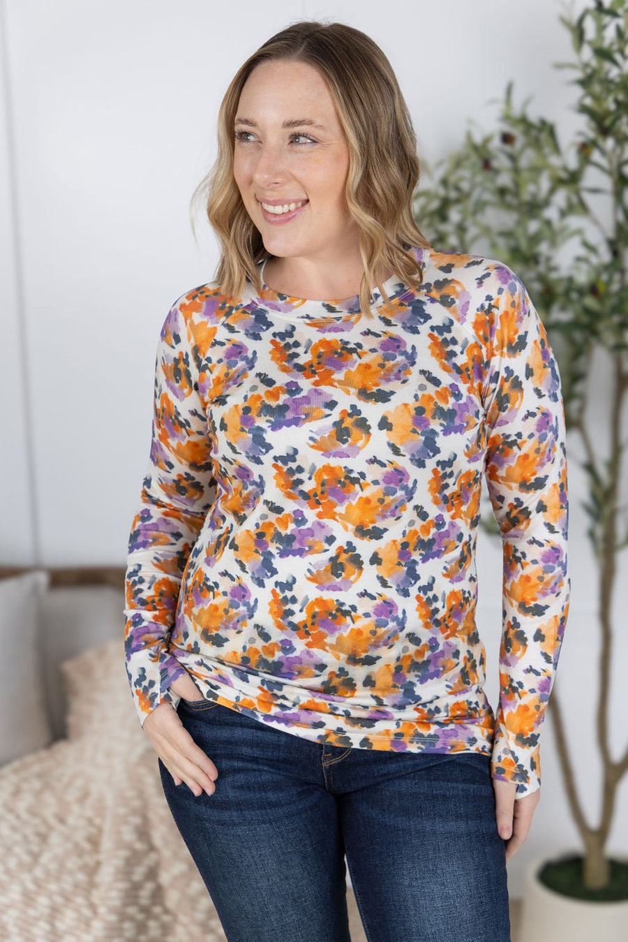 WAREHOUSE Blair Long Sleeve Top - Autumn Purple Abstract
