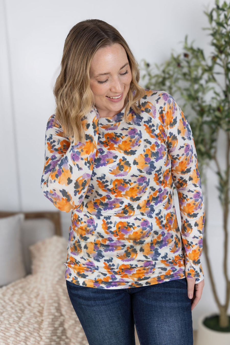 WAREHOUSE Blair Long Sleeve Top - Autumn Purple Abstract