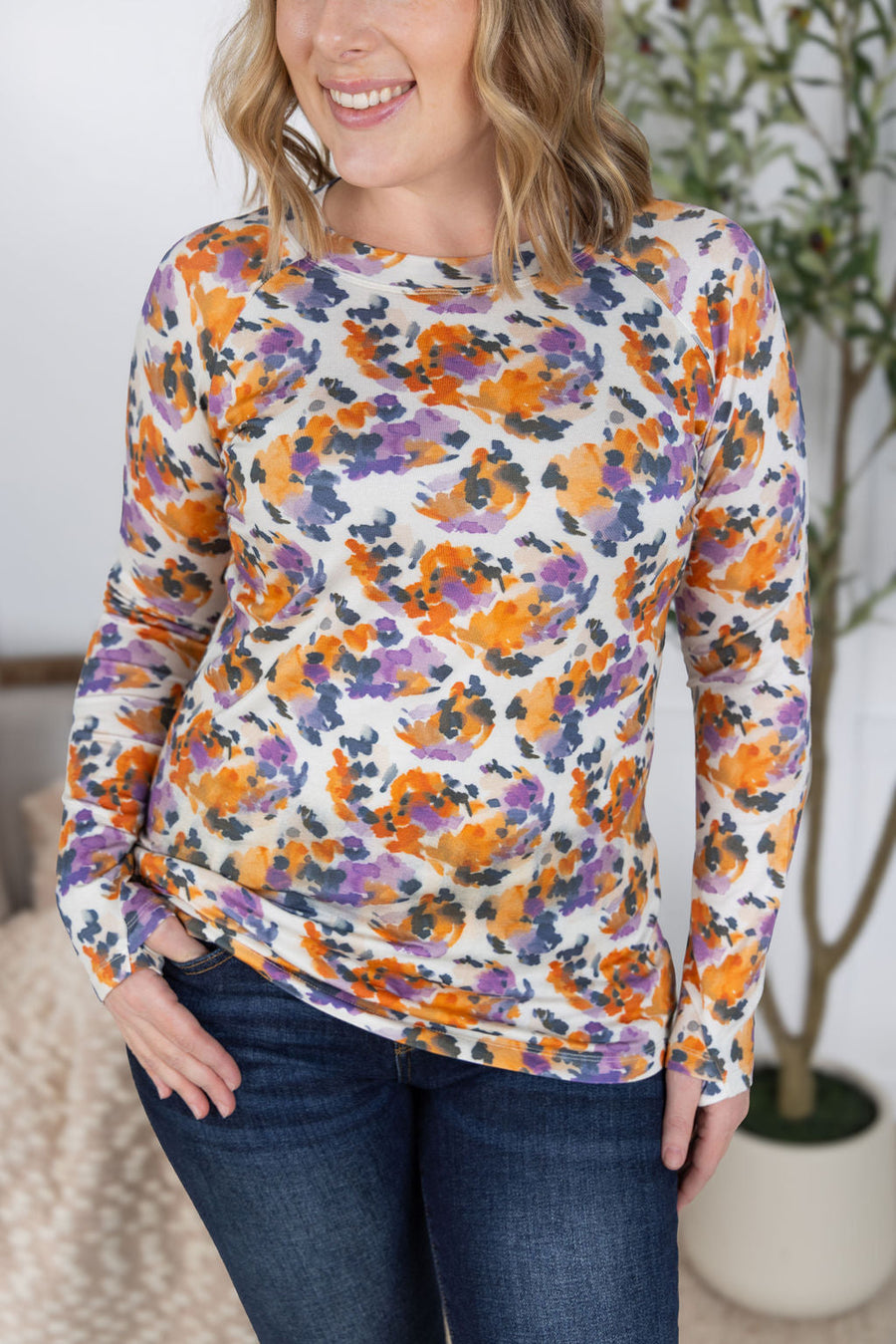WAREHOUSE Blair Long Sleeve Top - Autumn Purple Abstract