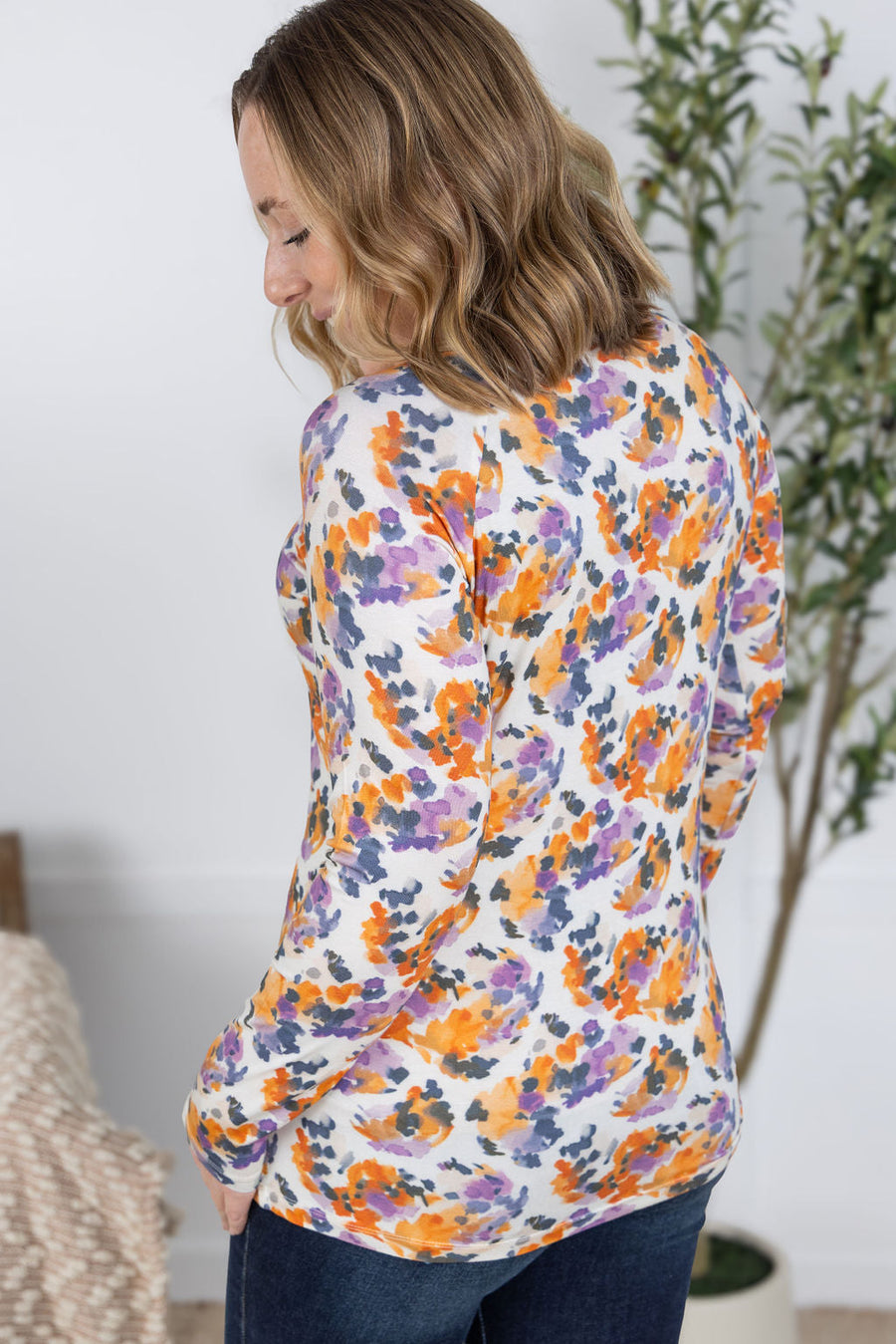 WAREHOUSE Blair Long Sleeve Top - Autumn Purple Abstract