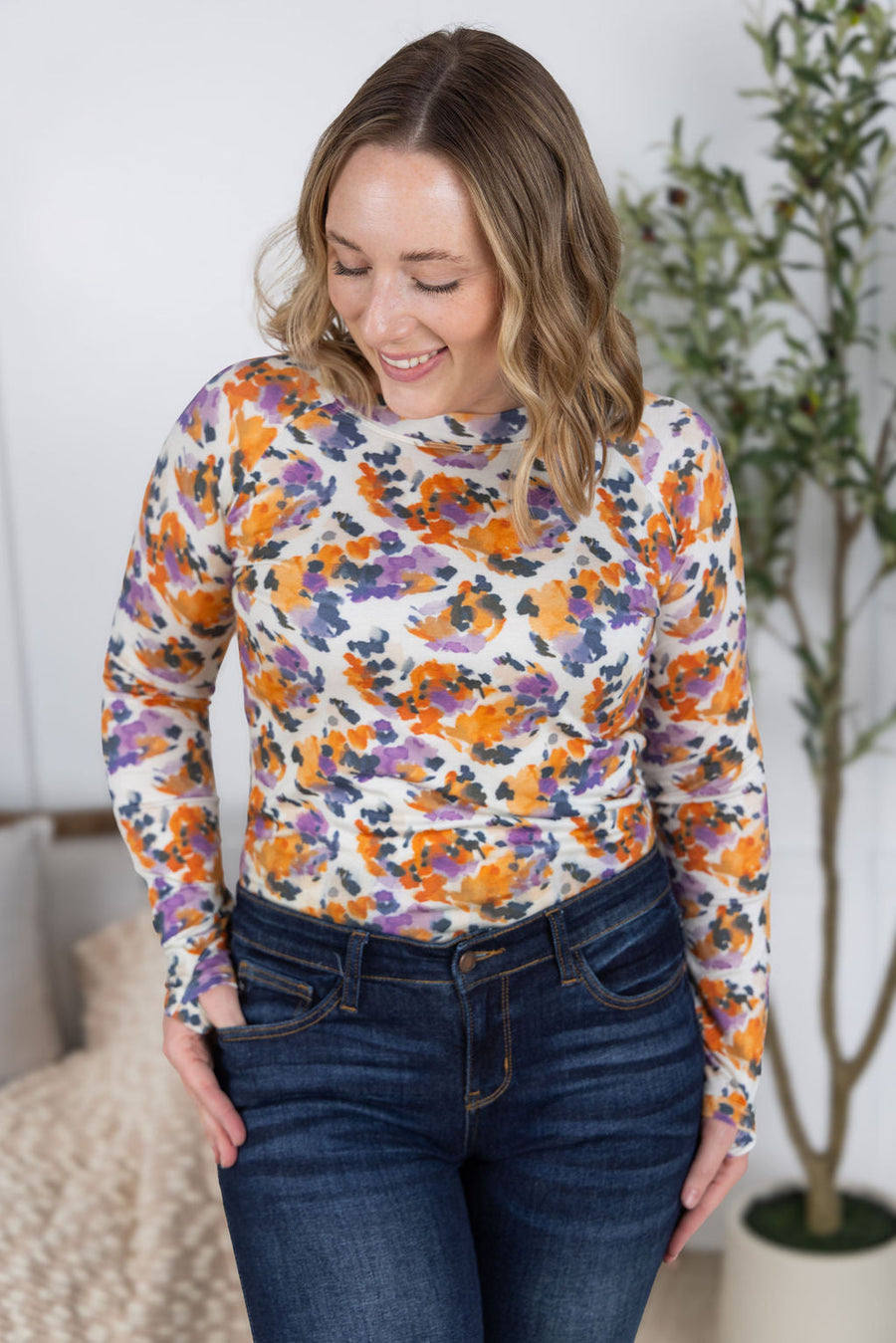 WAREHOUSE Blair Long Sleeve Top - Autumn Purple Abstract