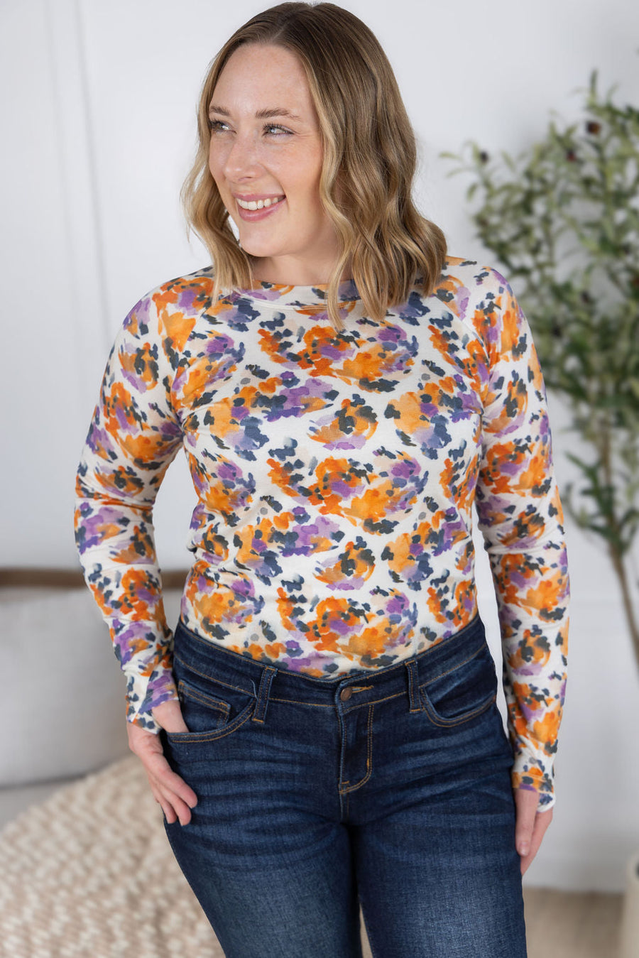 WAREHOUSE Blair Long Sleeve Top - Autumn Purple Abstract