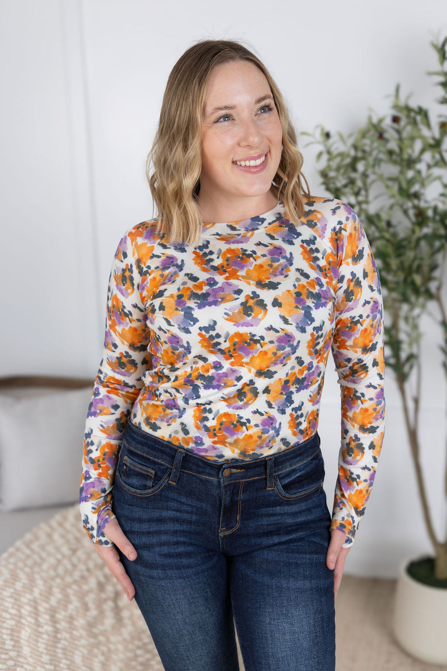WAREHOUSE Blair Long Sleeve Top - Autumn Purple Abstract