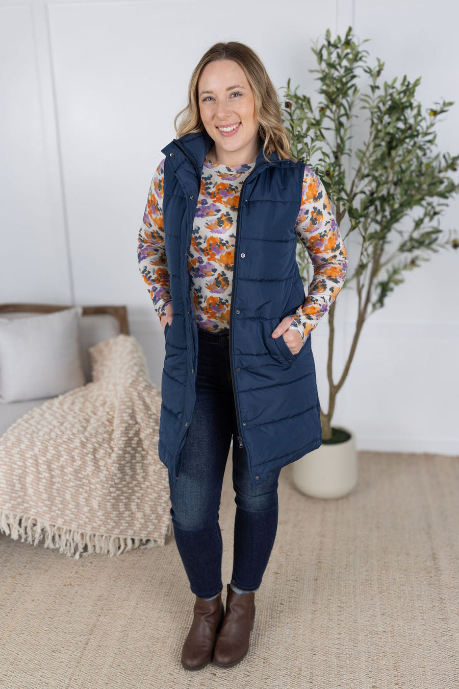WAREHOUSE Harlow Long Vest - Navy