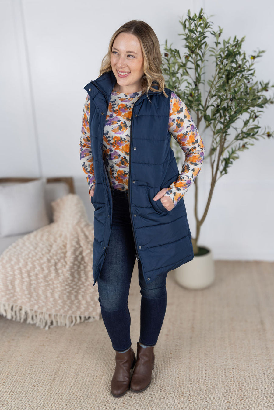 WAREHOUSE Harlow Long Vest - Navy