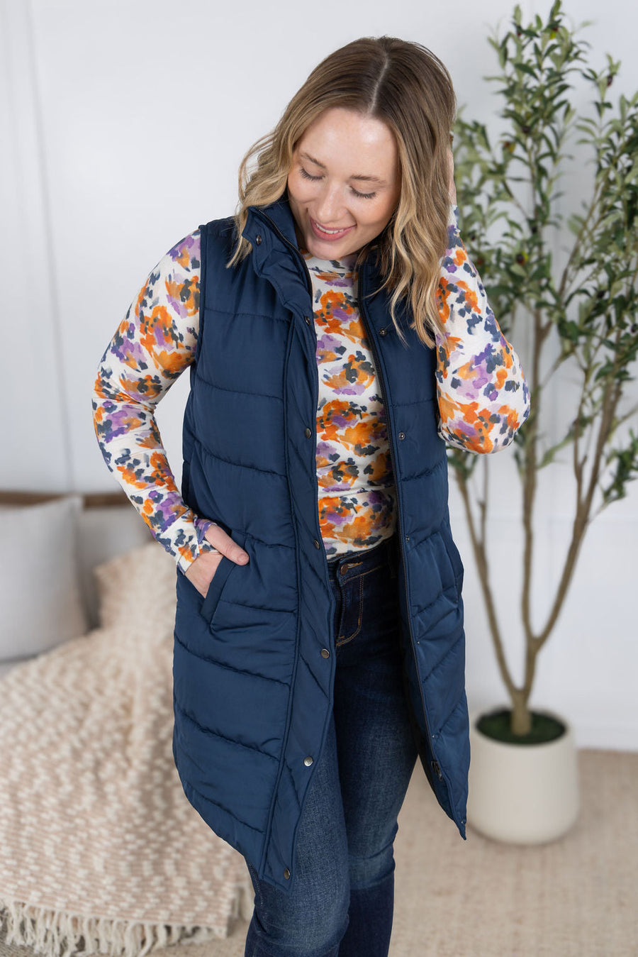 WAREHOUSE Harlow Long Vest - Navy