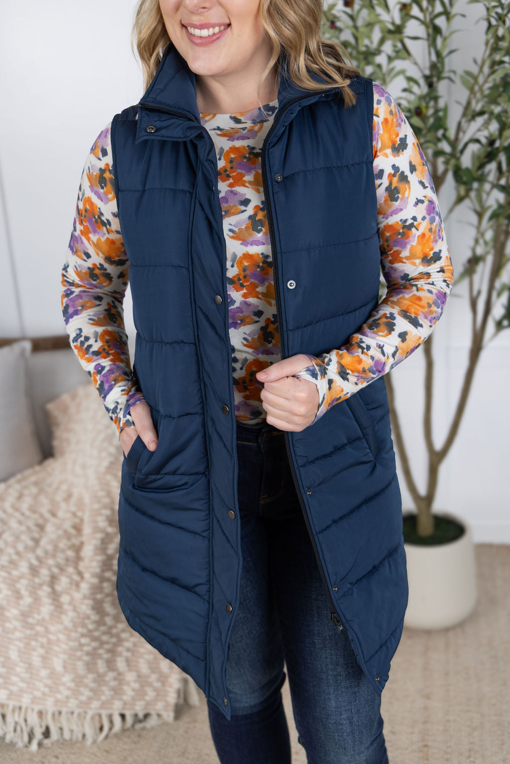 WAREHOUSE Harlow Long Vest - Navy