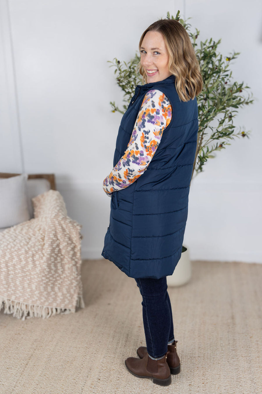 WAREHOUSE Harlow Long Vest - Navy