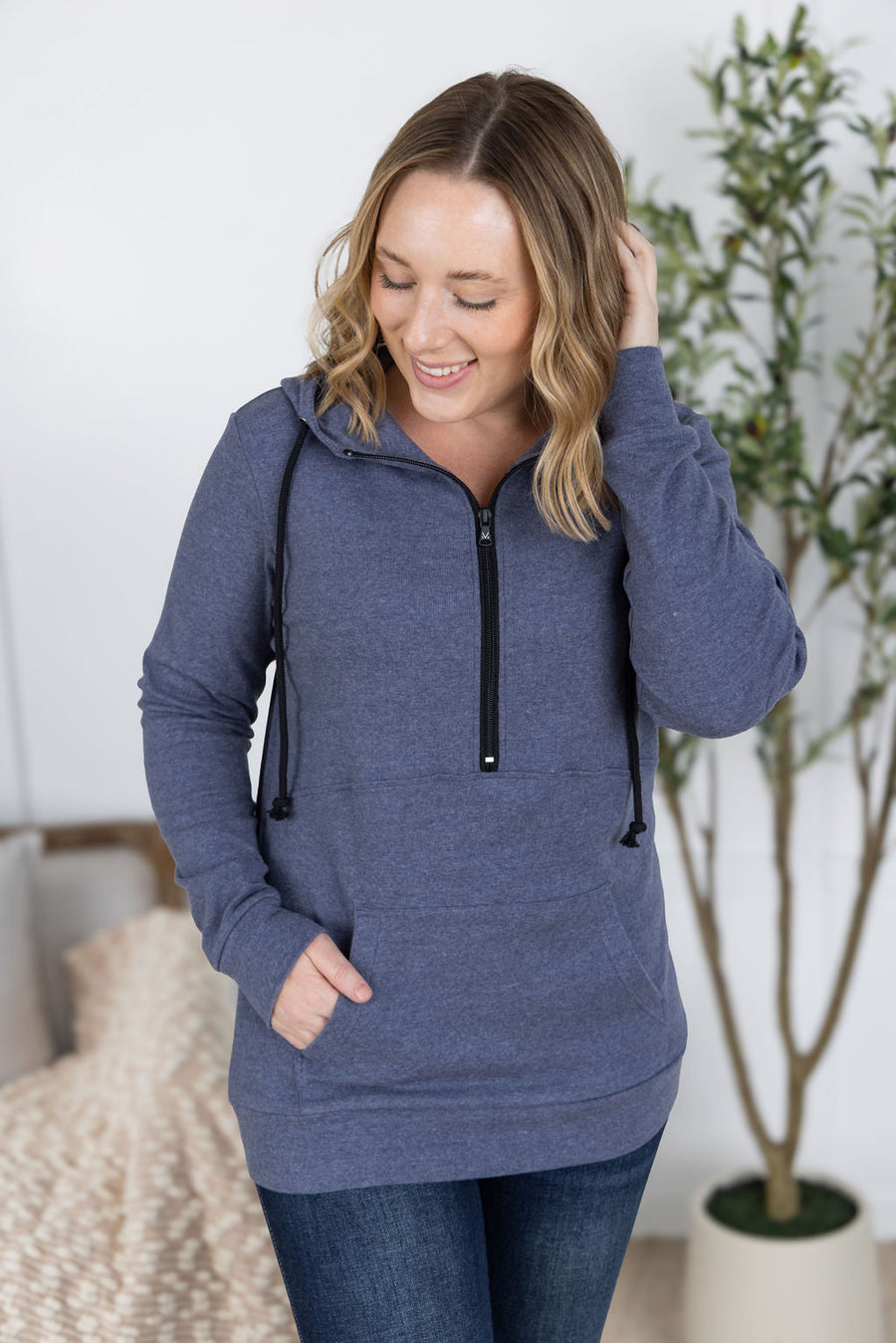 WAREHOUSE Pixie Pocket Halfzip Hoodie - Heathered Navy