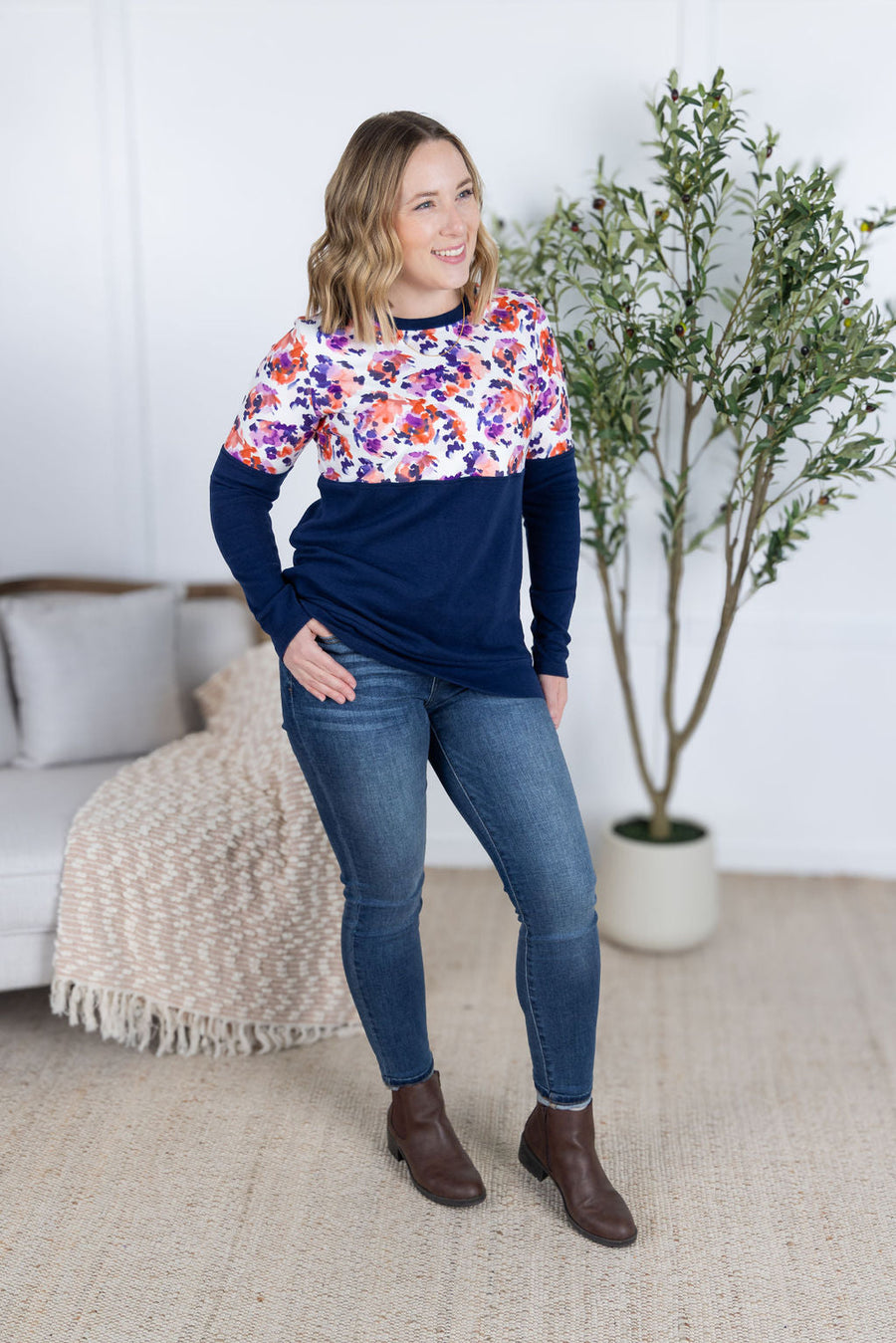 WAREHOUSE Natalie Pullover - Autumn Purple Abstract and Navy