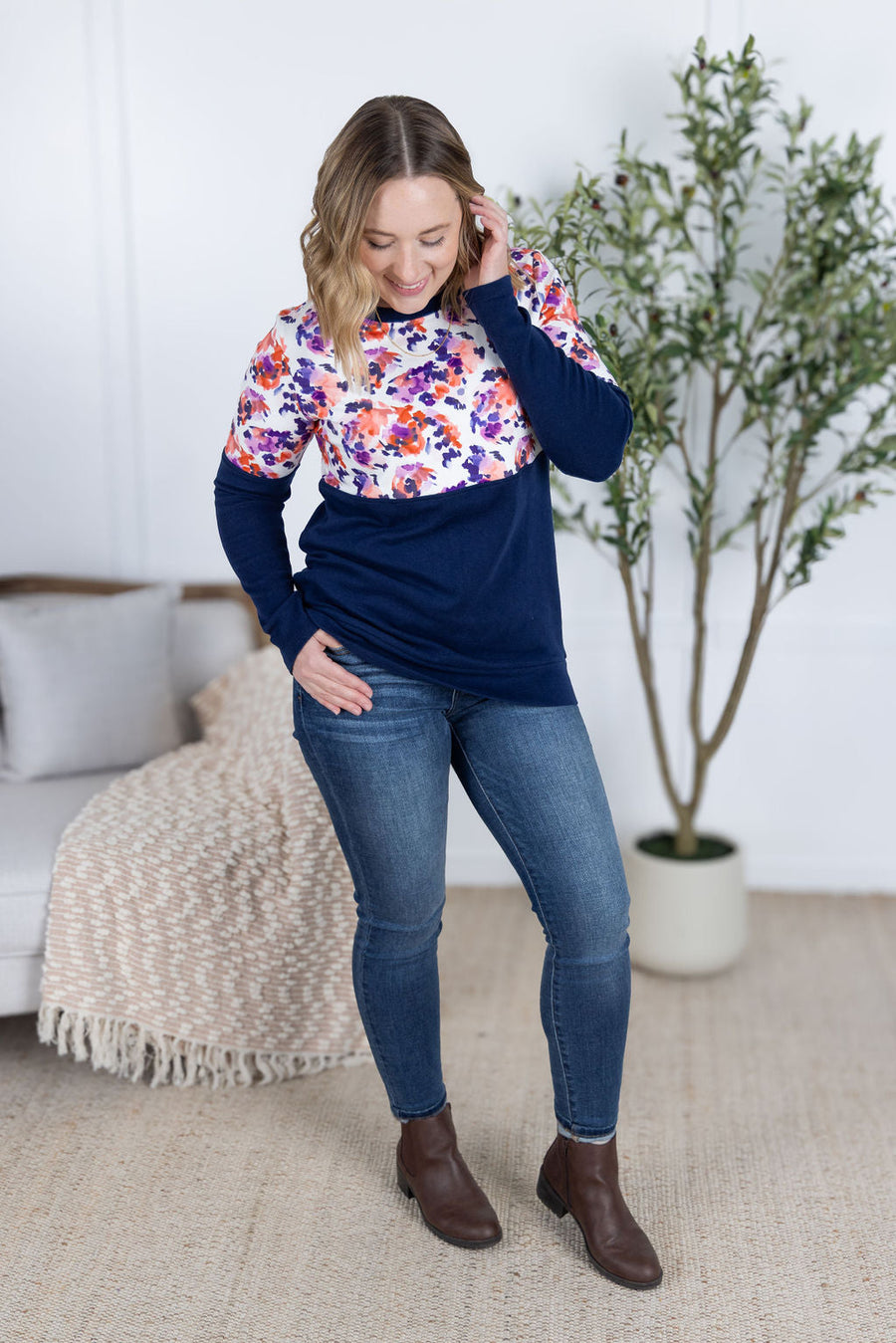 WAREHOUSE Natalie Pullover - Autumn Purple Abstract and Navy