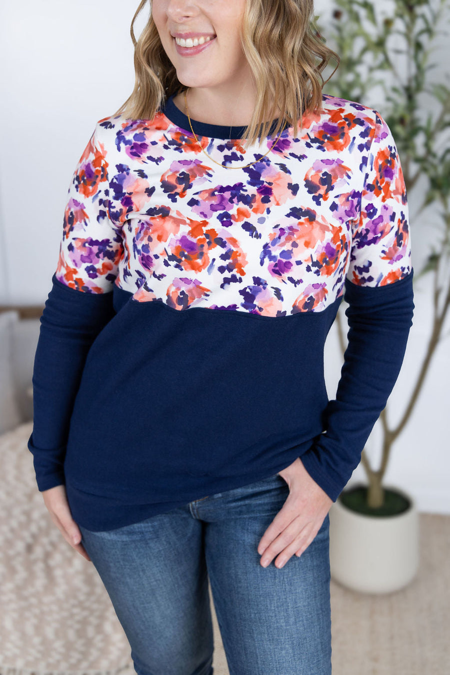 WAREHOUSE Natalie Pullover - Autumn Purple Abstract and Navy