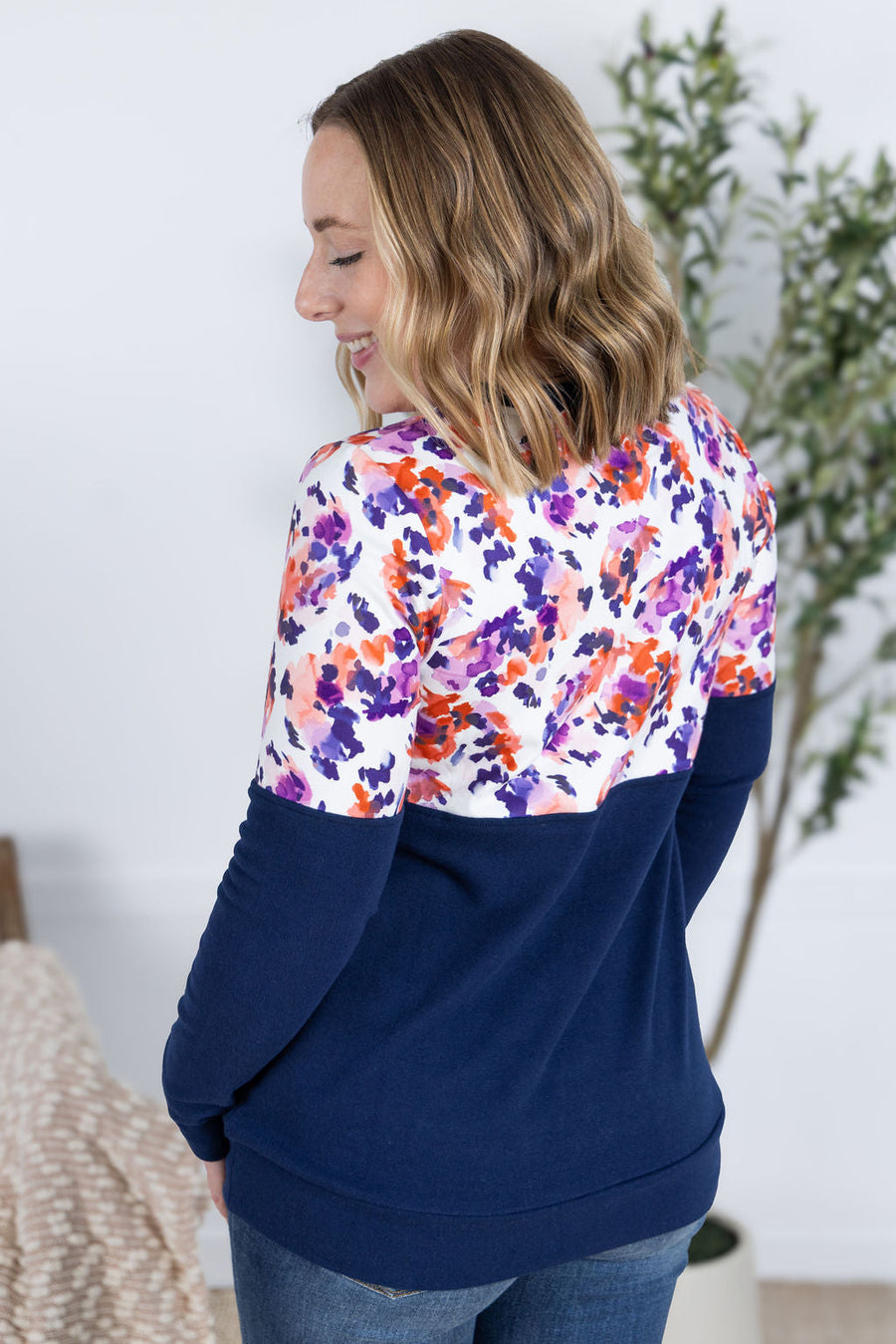 WAREHOUSE Natalie Pullover - Autumn Purple Abstract and Navy