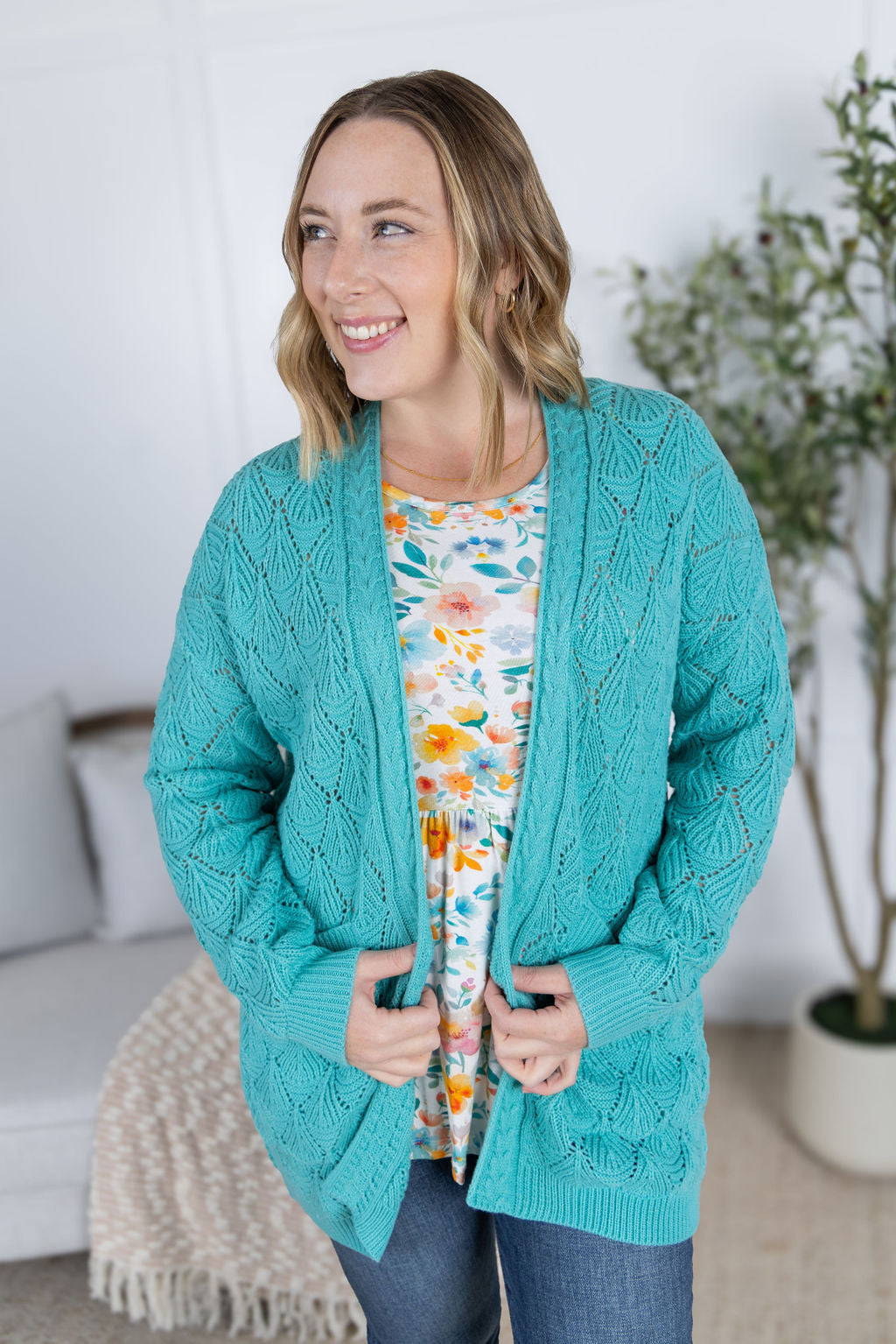 WAREHOUSE Open Knit Cardigan - Dusty Aqua
