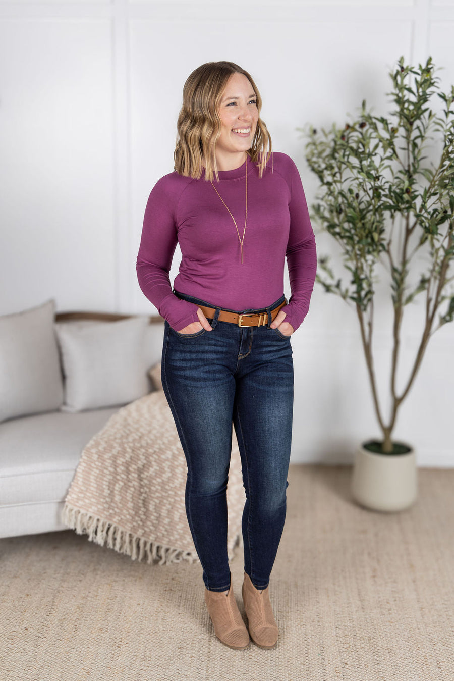 WAREHOUSE Blair Long Sleeve Top - Mulberry