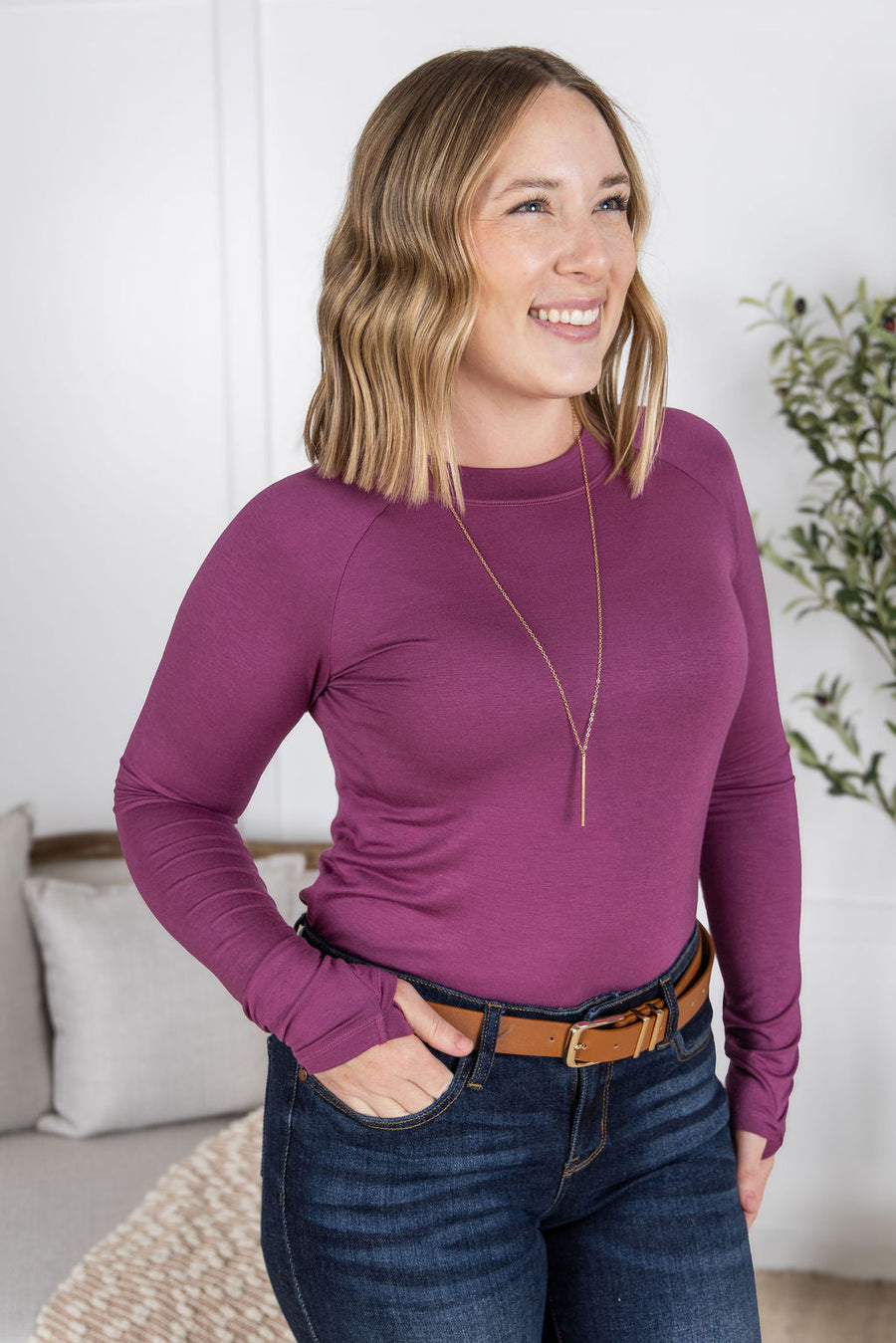 WAREHOUSE Blair Long Sleeve Top - Mulberry