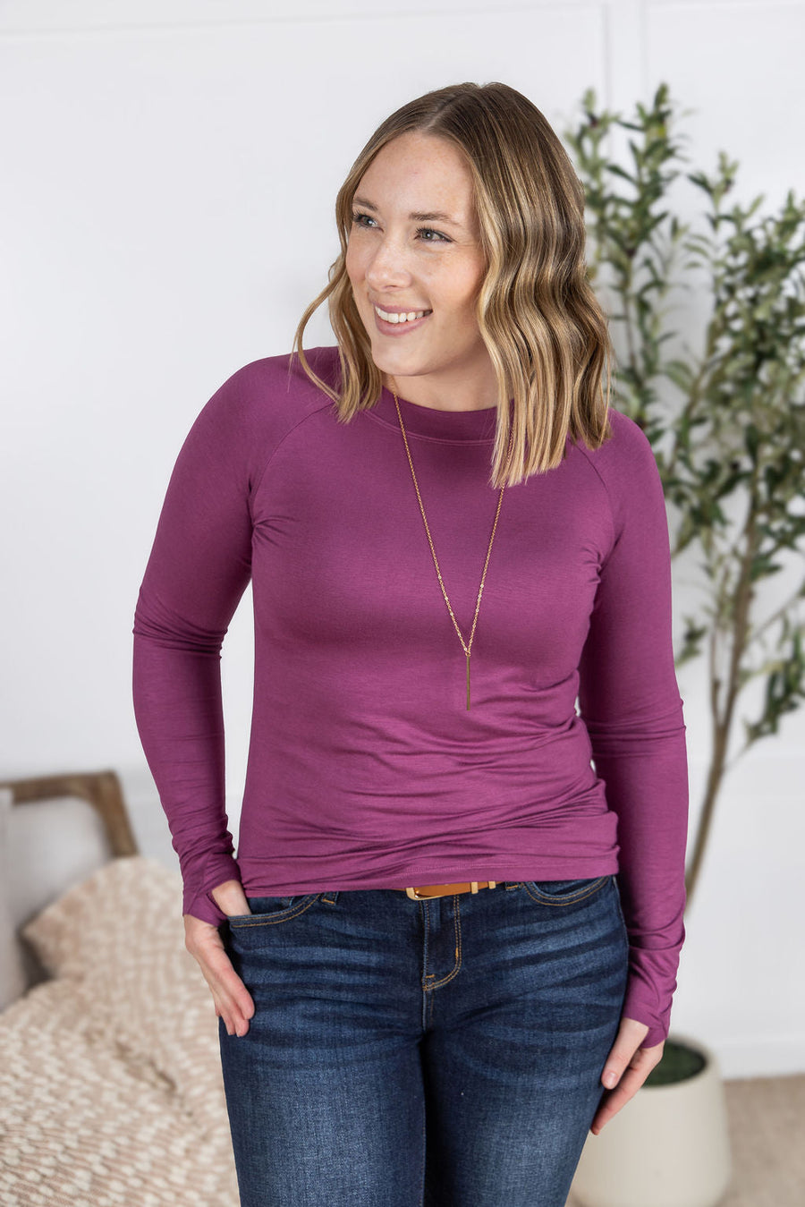 WAREHOUSE Blair Long Sleeve Top - Mulberry