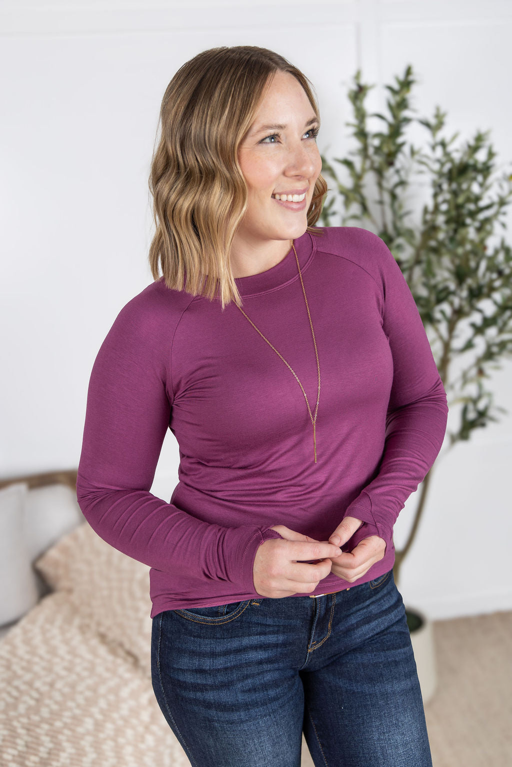 WAREHOUSE Blair Long Sleeve Top - Mulberry