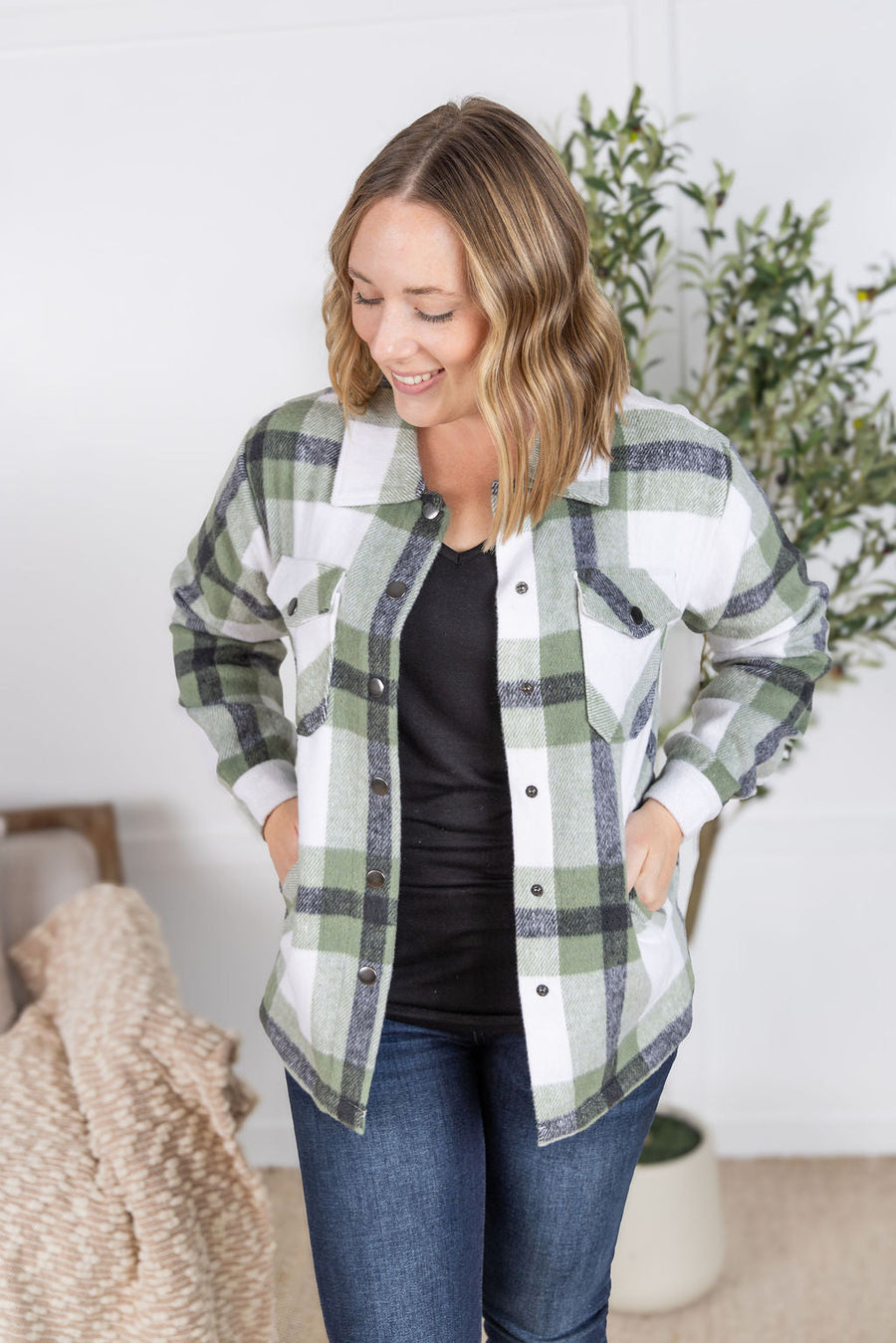 WAREHOUSE Norah Plaid Shacket - Sage Mix