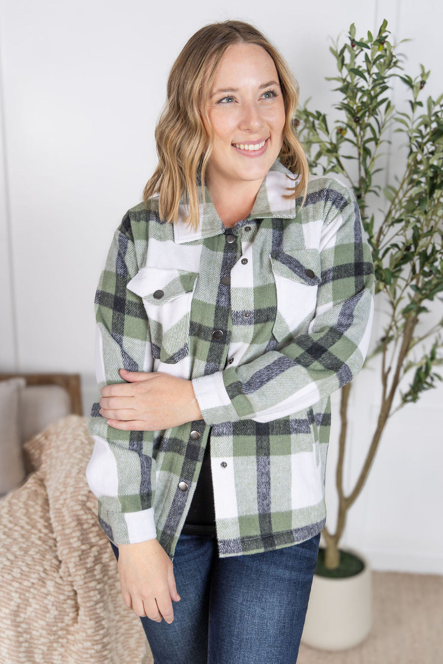 WAREHOUSE Norah Plaid Shacket - Sage Mix