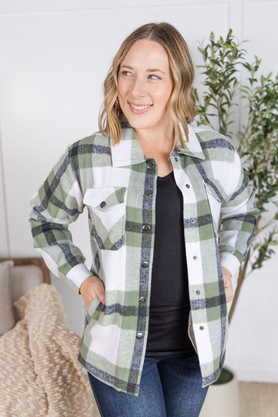 WAREHOUSE Norah Plaid Shacket - Sage Mix