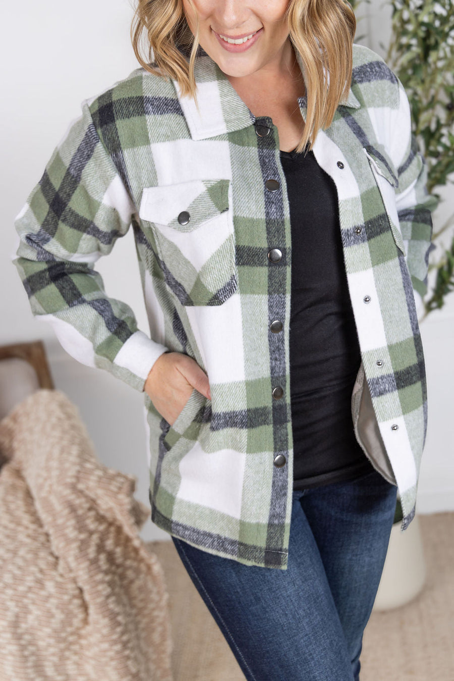 WAREHOUSE Norah Plaid Shacket - Sage Mix