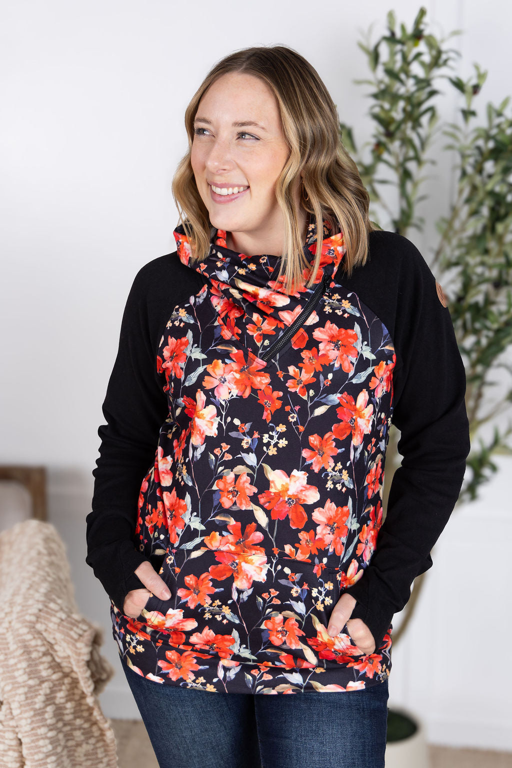 WAREHOUSE Zoey ZipCowl Sweatshirt - Sunset Floral