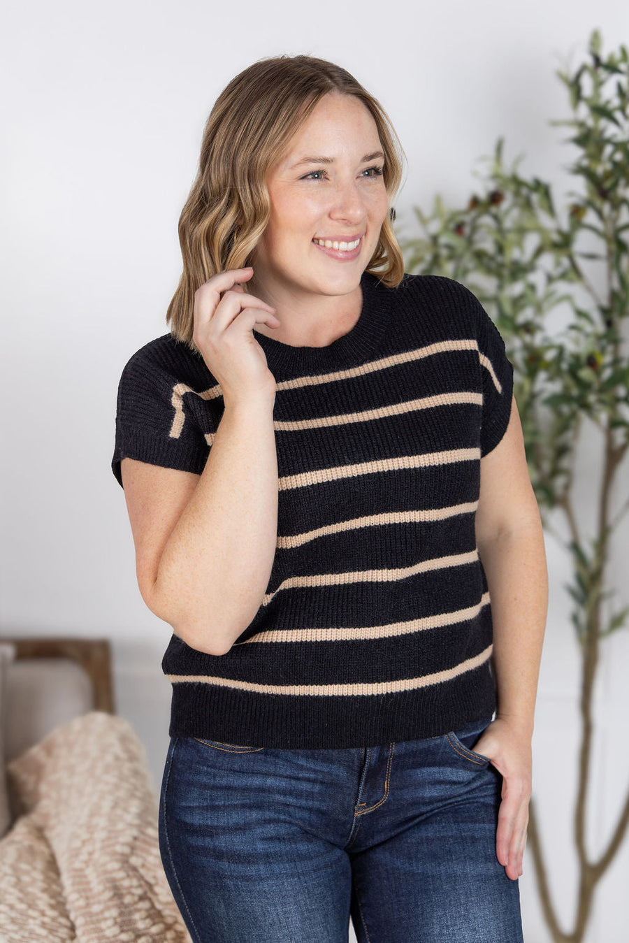 WAREHOUSE Striped Sweater Top - Black