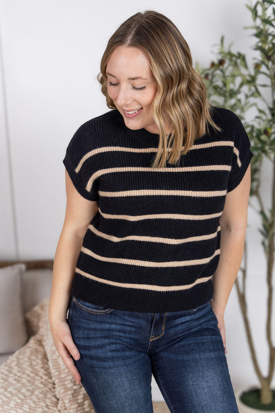 WAREHOUSE Striped Sweater Top - Black