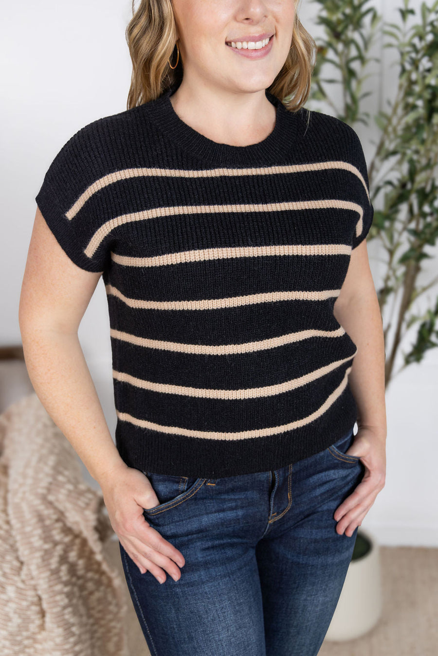 WAREHOUSE Striped Sweater Top - Black