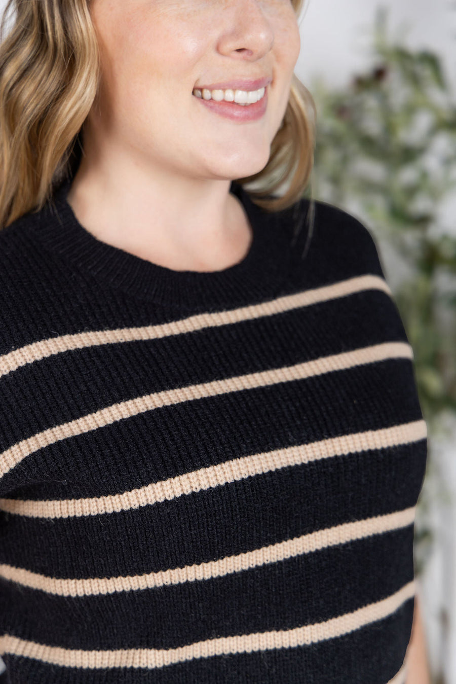 WAREHOUSE Striped Sweater Top - Black