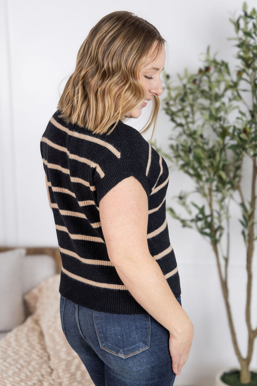 WAREHOUSE Striped Sweater Top - Black